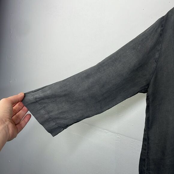 Side Stitch Linen Popover Tunic Top Blue Roll Tab Sleeve Pocket Collar Small - Picture 5 of 15